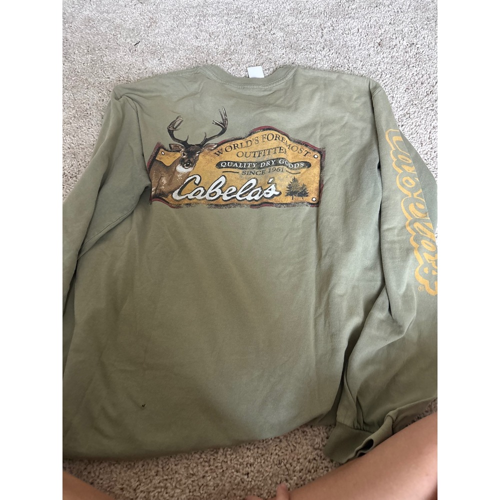 Vintage Cabelas Deer Graphic Long Sleeve Shirt Olive Green Gorpcore Mens Medium